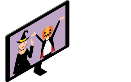 Boys and girls in costumes having an online Halloween party, isometric