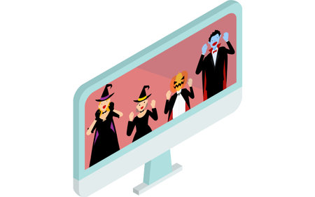 Families enjoying costumes at online Halloween party, Isometric
