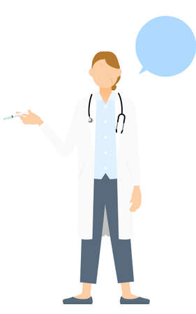 Senior female doctor in white coat holding syringe, vaccination pose (with speech bubble)のイラスト素材