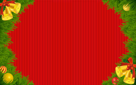 Frame of fir tree leaves with Christmas bells (red background)のイラスト素材