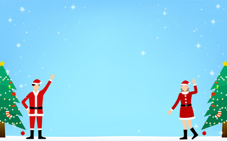 Christmas Tree Background With Man And Woman In Santa Clausのイラスト素材