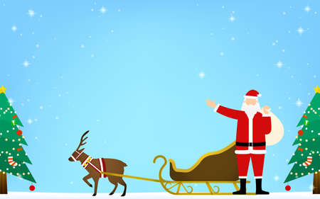 Santa Claus and his reindeer waving in the background of a snowy skyのイラスト素材