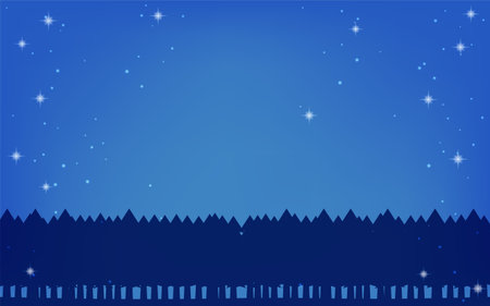 Blue silhouette of a forest of fir trees and starry night sky backgroundのイラスト素材