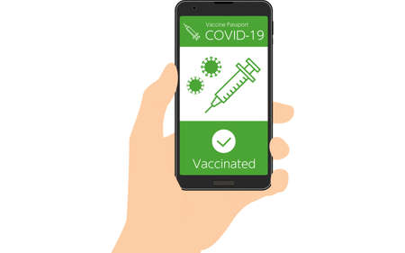 A hand showing the Vaccine Passport smartphone app (vaccinated), proof of coronavirus vaccinationのイラスト素材