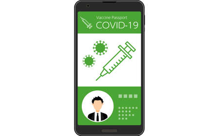 Vaccine Passport smartphone app for proof of coronavirus vaccination (vaccinated), with photoのイラスト素材
