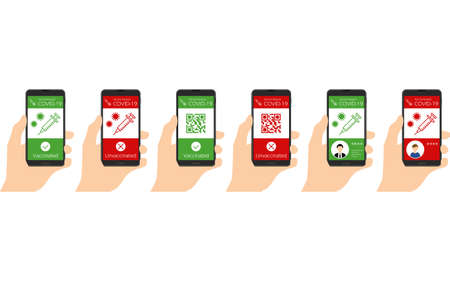 Corona vaccination proof application, hand showing the screen of the vaccine passport, setのイラスト素材