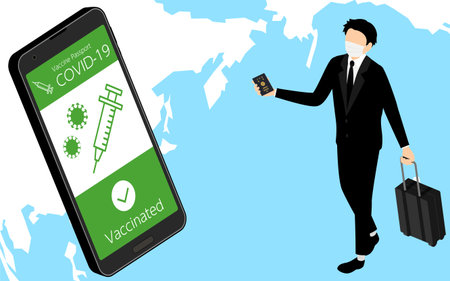 Businessmen using vaccine passports to travel abroad, isometricのイラスト素材