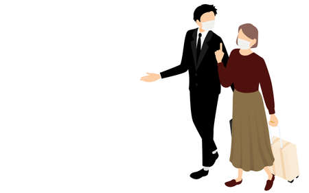 A man and a woman talking while walking and pulling a suitcase on a business trip, isometric.のイラスト素材