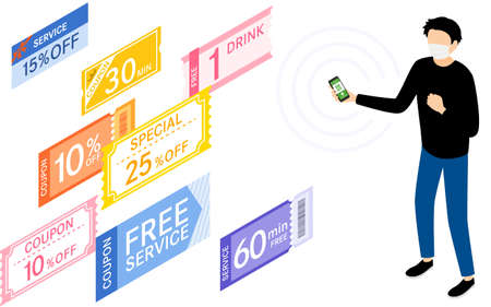 Corona Vaccination Proof App, Vaccine Passport Coupons and Delighted Men, Isometricのイラスト素材