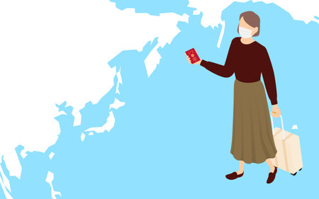 Woman traveling abroad with passport and pulling suitcase, isometricのイラスト素材