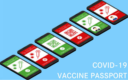 Corona Vaccination Proof App, Vaccine Passport Screens (6 types), Isometricのイラスト素材