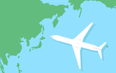 A simple map of the world around Japan and a model of an airplaneのイラスト素材