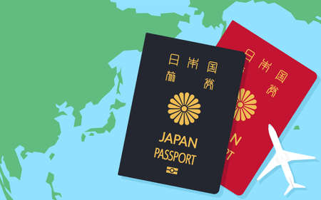 World map around Japan, Japanese passport and airplane model, general passport, dark blue and red - Translation: Japanese passportのイラスト素材