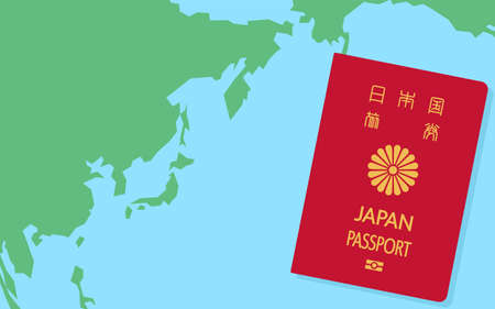 World Map around Japan and Japanese Passports, General Travel Documents, Red - Translation: Japanese Passportのイラスト素材