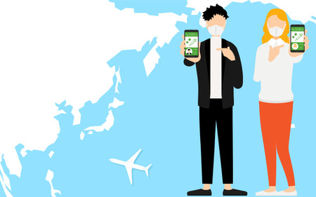 Men and women, Japanese men and Caucasian women, recommending vaccine passports for travel abroad.