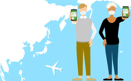 Men and women, white men and black women, recommending vaccine passports for international travel.のイラスト素材