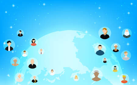 Global business image, glowing blue earth and business partners around the worldのイラスト素材