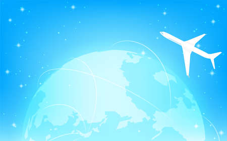 Global business image, glowing blue earth, airplanes and shining routesのイラスト素材
