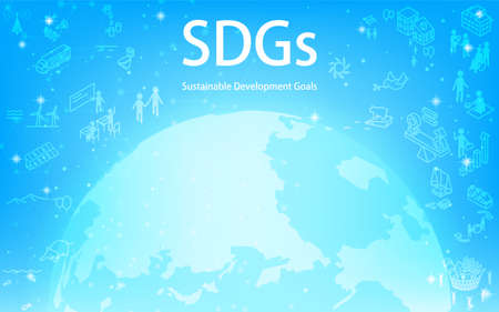 SDGs, glowing earth and SDGs text and goal icons, blue background with glittering starsのイラスト素材