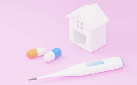 Image of home treatment, model of house with thermometer and antipyretic (capsule), isometricの写真素材