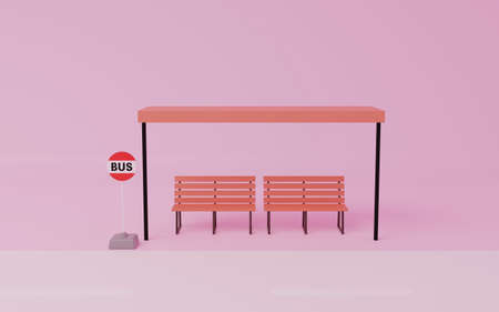 3DCG Bus stop with roof and bench, pink backgroundの写真素材