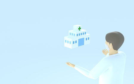 Image of recommending a hospital visit, doctor in white coat with hospital dedicated