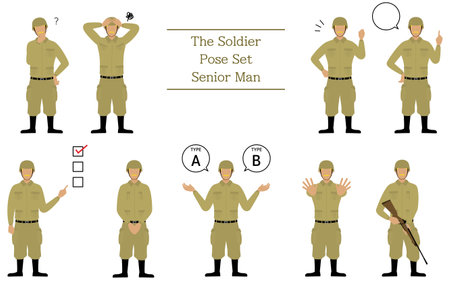 Senior Male Soldier Pose Set, questioning, worrying, encouraging, pointing, etc.のイラスト素材