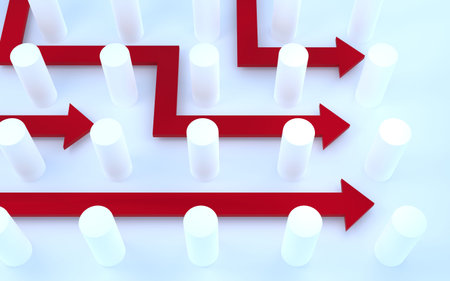 Image of a business, dodging obstacles and moving toward a goal Cylinder and red arrow