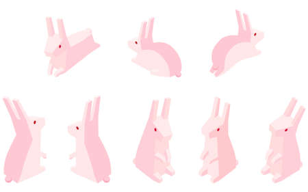 Posed set of pink rabbits, simple isometric illustration.のイラスト素材