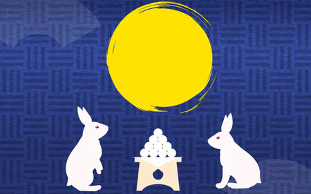 Japanese-style background with moon viewing, tsukimi dango and rabbits, moon and three crumbles.