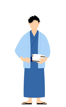 Man in yukata, Wearing a haori and holding a bath tub, image of a hot springのイラスト素材