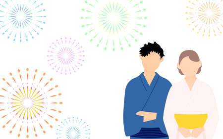 Summer festival, men and women in yukata watching fireworks.のイラスト素材