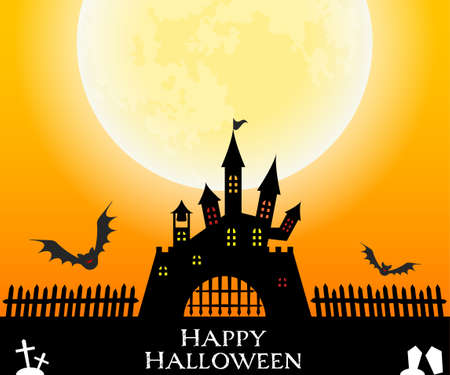 Halloween banner (common for PC and smartphones), castle and bats, full moon and graveyardのイラスト素材