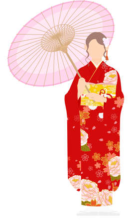 A woman in kimono, wearing a furisode (long-sleeved kimono)stand under an umbrellaのイラスト素材