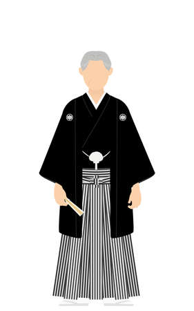 Illustration for A senior man in kimono, wearing a crested hakama, Pose with a fan - Royalty Free Image