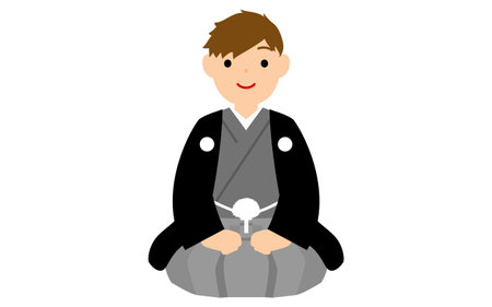 Boy greeting the New Year seated in kimono (montsuki hakama)のイラスト素材