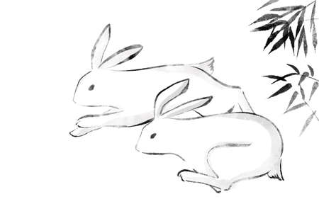 Ink painting, two running rabbits and shadow of grassのイラスト素材