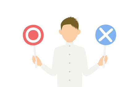 Boy wearing white school uniform, Have a marbled stick for answering questions.のイラスト素材