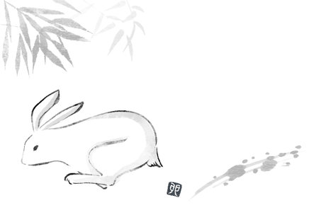 Japanese-style New Year's card for the Year of the Rabbit 2023, ink painting of a rabbit - Translation: Rabbit.のイラスト素材