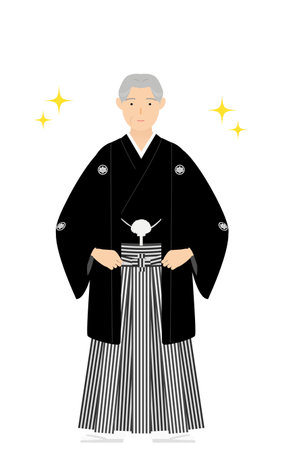 A senior man in kimono, wearing a crested hakama, Pose with hands on hips (with glitter)のイラスト素材