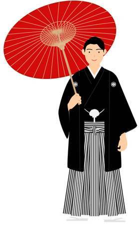A man in kimono, wearing a crested hakama, Posing with an umbrellaのイラスト素材