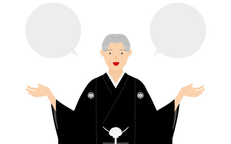 A senior man in kimono, wearing a crested hakama, Speak with open arms (with speech balloon)のイラスト素材