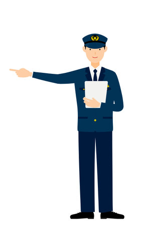 Young male police officer posing, Pointing with a clipboardのイラスト素材