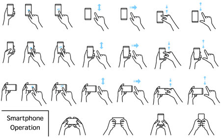 Illustration of actions to operate a smartphone (pinch, zoom, swipe, flick, tap, double-tap)のイラスト素材