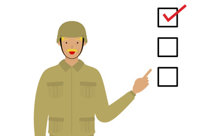 Senior Male Soldier Pose, Pointing to a checklistのイラスト素材