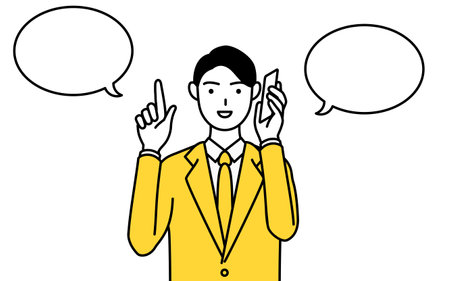 Simple line drawing illustration of a businessman in a suit pointing while on the phone.のイラスト素材