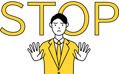 Simple line drawing illustration of a businessman in a suit with his hand out in front of his body,signaling a stop.のイラスト素材