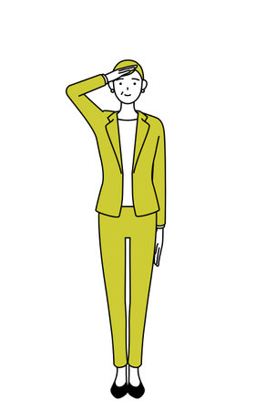 Simple line drawing illustration of a Senior woman in suit,female manager, career woman making a salute.のイラスト素材
