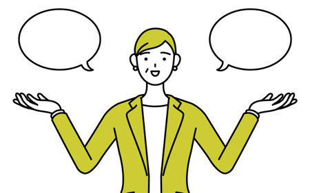 Simple line drawing illustration of a Senior woman in suit,female manager, career woman with wipeout and comparison.のイラスト素材