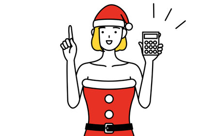Simple line drawing illustration of a woman dressed as Santa Claus holding a calculator and pointing.のイラスト素材